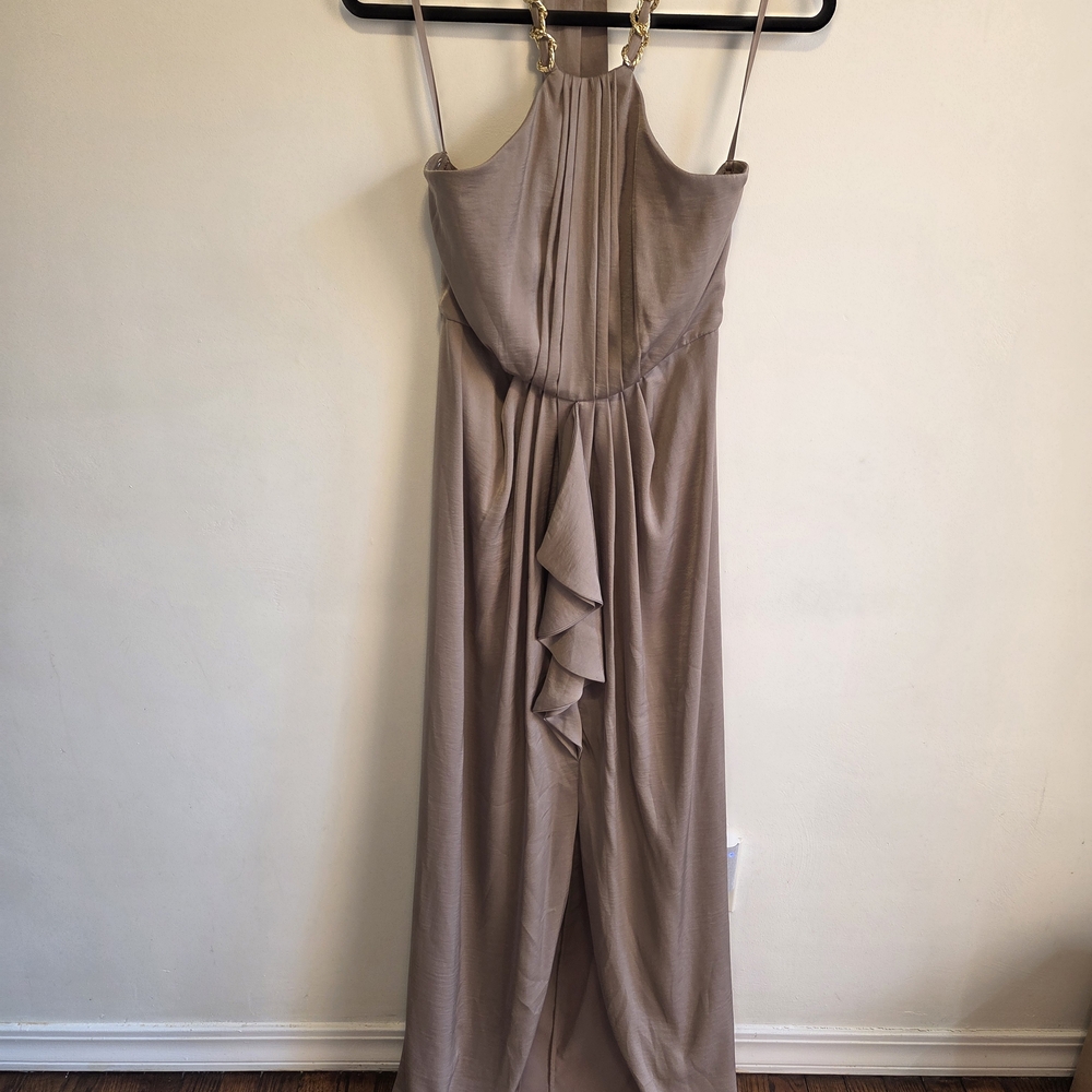 BCBGMaxAzria Taupe Halter Ruffle-Front Maxi Dress with Gold Chain Details